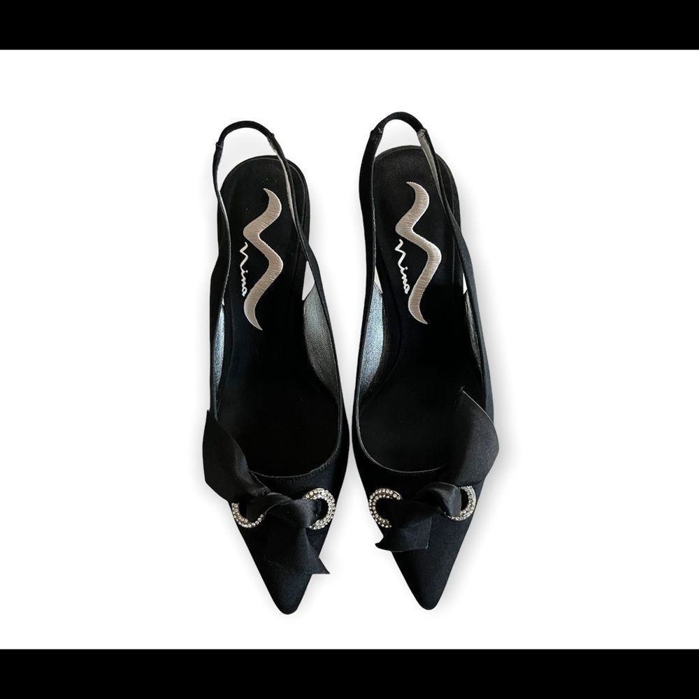 Women's NINA rhinestone bow kitten heel slingbacks sz 6.5 in excellent shape